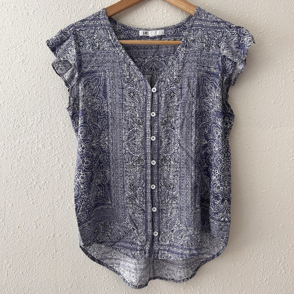 DR2 by Daniel Rainn Paisley Button Front V-Neck Cap Sleeve Rayon Blouse Blue